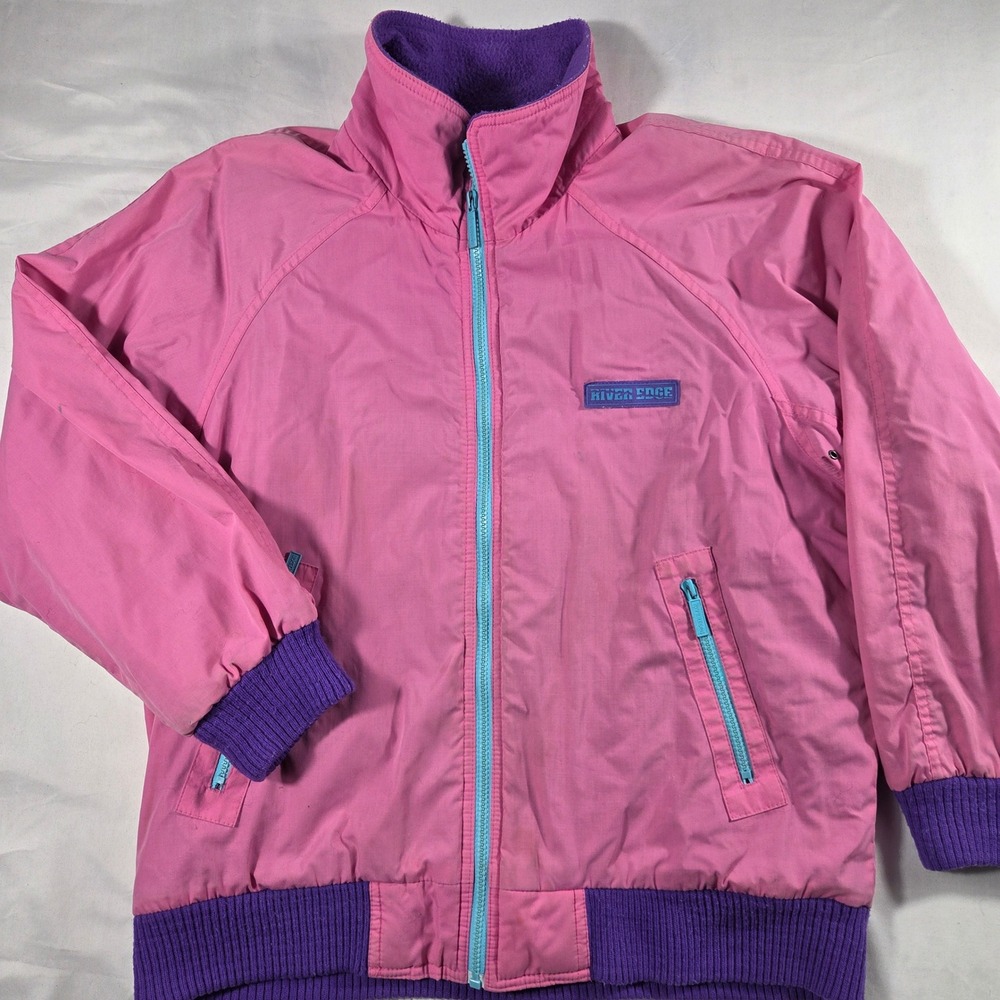 River Edge Vintage Bomber Jacket Pink Purple Fleece Lined Windbreaker Retro L